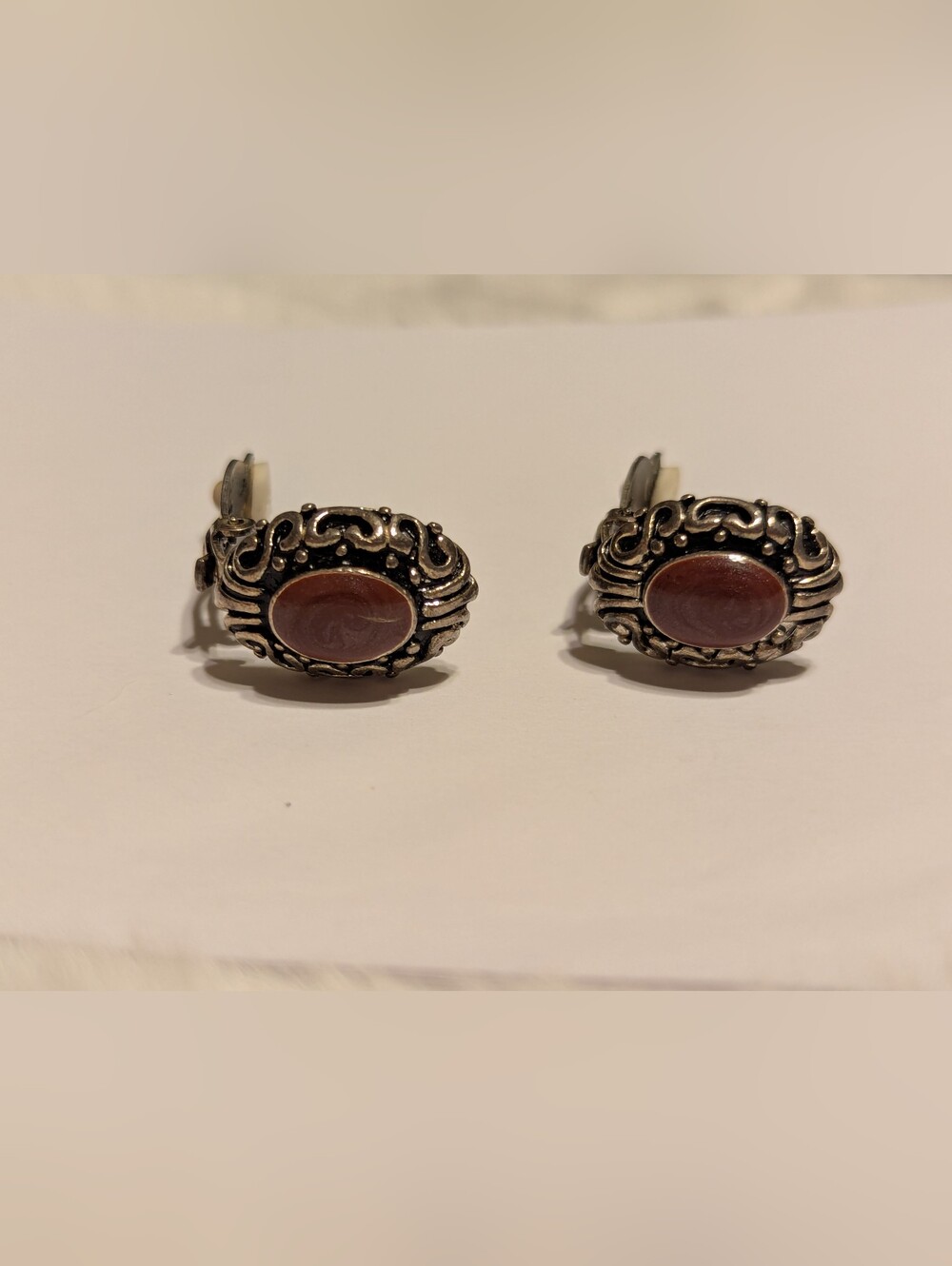 Vintage Red Enamel & Silver-Tone Ornate Filigree Clip-On Earrings